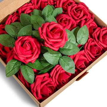 BeautifulLife 25pcs Artificial Flowers Dark Red Roses - Real Looking Fake Flowers, DIY Wedding Decor for Ceremony – Faux Flower Garland Reception Bouquet Centerpieces Baby Shower Party Decorations