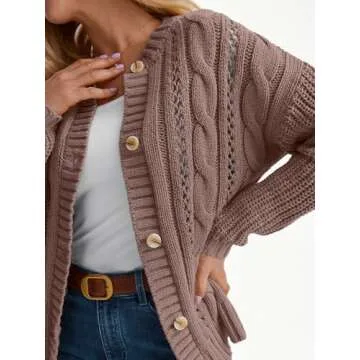 LILLUSORY Women's Cardigan Sweaters Cable Knit Crochet Cotton Fall Jackets Button Up Chunky Trendy Outfits Nutmeg L