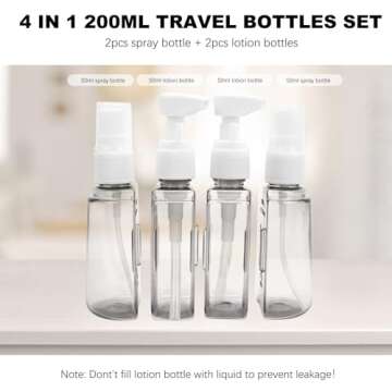 Skycase Travel Bottles, Travel Size Toiletries - Leak Proof Refillable Tsa Approved Travel Bottles, 4 in 1 Travel Containers with Labels Airplane Accessories Kits for Lotion Liquid (Grey)