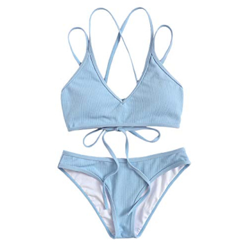 SweatyRocks Women's Bathing Suits Spaghetti Strap Criss Cross Back Bikini Ribbed Swimsuit Blue XL