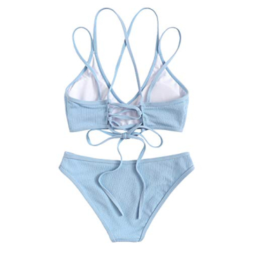 SweatyRocks Women's Bathing Suits Spaghetti Strap Criss Cross Back Bikini Ribbed Swimsuit Blue XL