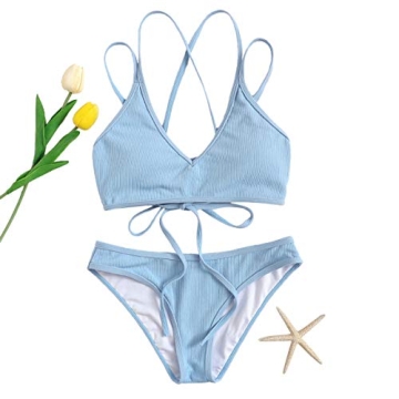 SweatyRocks Women's Bathing Suits Spaghetti Strap Criss Cross Back Bikini Ribbed Swimsuit Blue XL