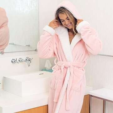 Alexander Del Rossa Sherpa Robes for Women Long, Womens Robes Long Hooded Bathrobes for Women, Plus Size Robe with Hood Pink Rose Quartz with Cream Medium (A0273RSCMD)