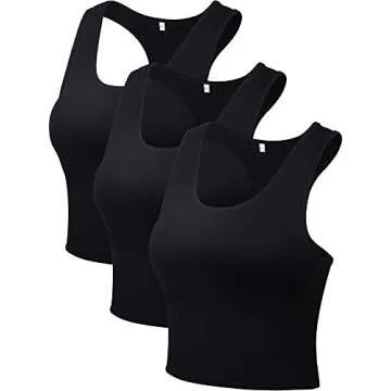 Boao 3 Pieces Crop Tops for Women, Workout Tops Basic Cropped Tank Tops Sleeveless Racerback Sports Gym Crop Tank for Teen Girls (Black, Large)