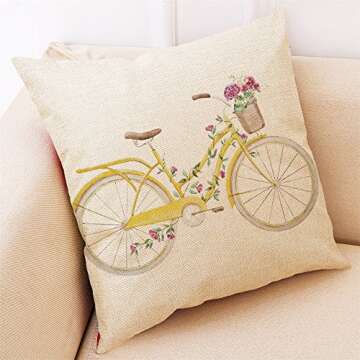 Youngnet Pack of 4 Spring Throw Pillow Cover Watercolor Flower Bicycle Decor Decorative Cushion Cases Floral Farmhouse Spring Decorations for Home 18x18 inch