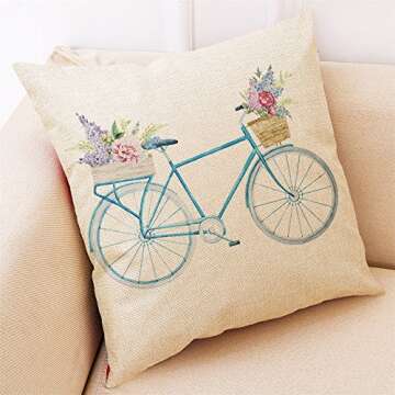 Youngnet Pack of 4 Spring Throw Pillow Cover Watercolor Flower Bicycle Decor Decorative Cushion Cases Floral Farmhouse Spring Decorations for Home 18x18 inch