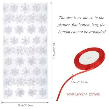 100 Pcs Christmas Cellophane Bags Winter Snowflake Holiday Treat Bags Snowflake Cookie Cellophane Bags With Ribbon for Winter Holiday Party Supplies(White Bag with Red Ribbon)