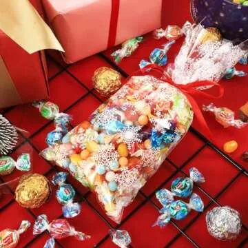 100 Pcs Christmas Cellophane Bags Winter Snowflake Holiday Treat Bags Snowflake Cookie Cellophane Bags With Ribbon for Winter Holiday Party Supplies(White Bag with Red Ribbon)