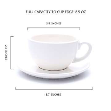 Coffeezone Latte Art Cup and Saucer for Cappuccino and Manual Brew Coffee, New Bone China, Mate for Coffee Shop and Barista (Matte White, 8.5 oz)