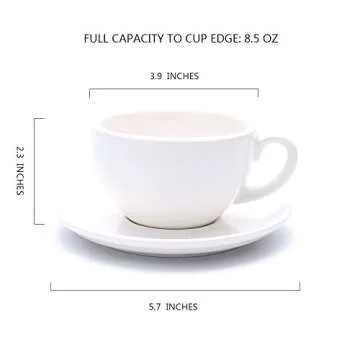 Coffeezone Latte Art Cup and Saucer for Cappuccino and Manual Brew Coffee, New Bone China, Mate for Coffee Shop and Barista (Matte White, 8.5 oz)