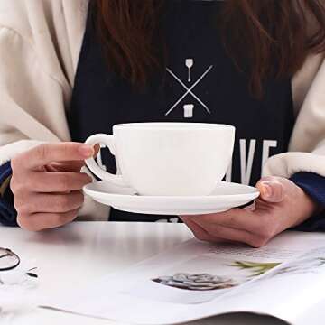 Coffeezone Latte Art Cup and Saucer for Cappuccino and Manual Brew Coffee, New Bone China, Mate for Coffee Shop and Barista (Matte White, 8.5 oz)