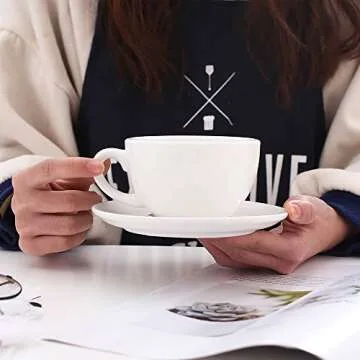 Coffeezone Latte Art Cup and Saucer for Cappuccino and Manual Brew Coffee, New Bone China, Mate for Coffee Shop and Barista (Matte White, 8.5 oz)