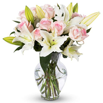 Benchmark Bouquets Pink Roses & Lilies - Gift Fresh Flowers with Glass Vase