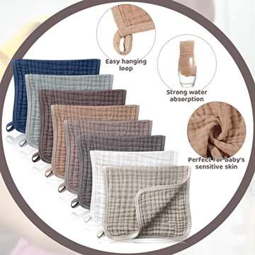 Remagr 8 Packs Muslin Burp Cloths 6 Layers Unisex Baby Items Absorbent Burp Rags Colorful Muslin Was...