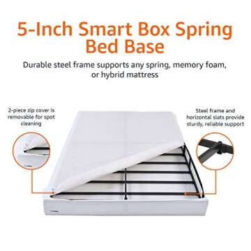 Amazon Basics Smart Box Spring Bed Base, 5-Inch Height Mattress Foundation, Tool-Free Easy Assembly, Full, 74"L x 53"W x 5"H, White