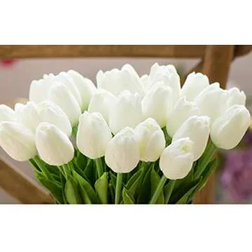 HoveBeaty Artificial Tulips Bridal Wedding Festival Decor Bouquet Real Touch PU Flower Bouquet Pack of 20 (White)