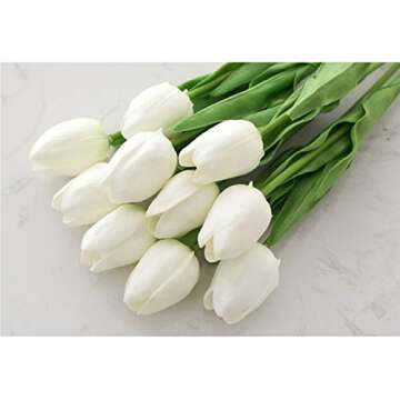 HoveBeaty Artificial Tulips Bridal Wedding Festival Decor Bouquet Real Touch PU Flower Bouquet Pack of 20 (White)