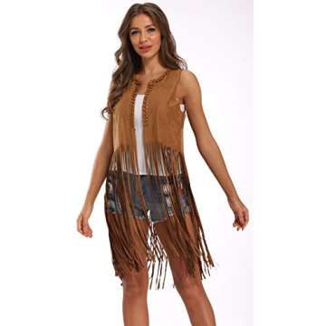 Vocni Women's Tassels Faux Suede Fringe Vest 70s Hippie Costume Open-Front Sleeveless Cardigan Vest Camel02,Large-New