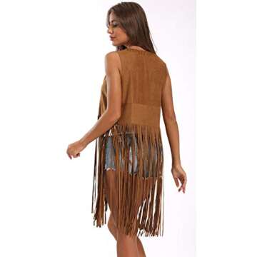 Vocni Women's Tassels Faux Suede Fringe Vest 70s Hippie Costume Open-Front Sleeveless Cardigan Vest Camel02,Large-New