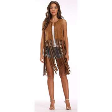 Vocni Women's Tassels Faux Suede Fringe Vest 70s Hippie Costume Open-Front Sleeveless Cardigan Vest Camel02,Large-New
