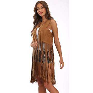 Vocni Women's Tassels Faux Suede Fringe Vest 70s Hippie Costume Open-Front Sleeveless Cardigan Vest Camel02,Large-New