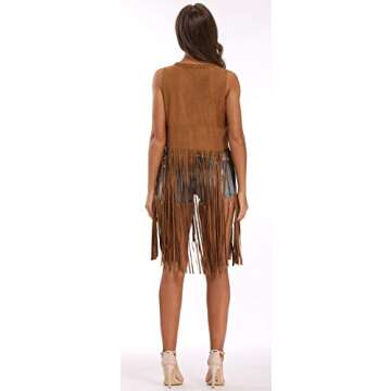 Vocni Women's Tassels Faux Suede Fringe Vest 70s Hippie Costume Open-Front Sleeveless Cardigan Vest Camel02,Large-New