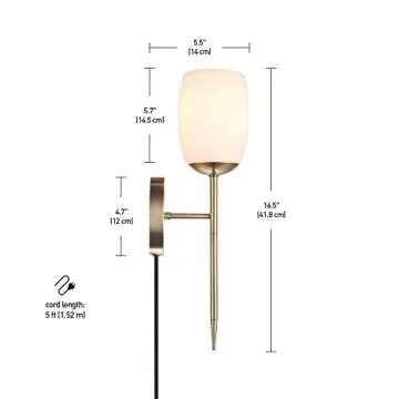 Globe Electric 51635 1-Light Plug-in or Hardwire Wall Sconce, Soft Matte Brass, Opal Glass Shade, Lights for Bedroom, Kitchen Sconces Lighting, Living Room, Bulb Not Included, Mounted Bedside Lamp