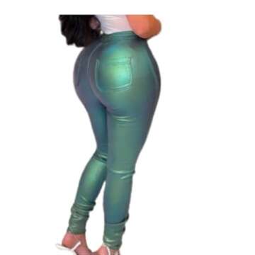Jaytep Womens Holographic Skinny Metallic Pants Stretch Fashion Casual Disco Metallic Jean Shorts (as1, Alpha, m, Regular, Regular, Green)