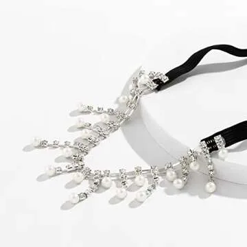 Crystal Pearl Leg Chains Silver Elasticity Rhinestone Imitation Pearl Thigh Leg Chain Sparkly Bling Rave Club Party Body Jewelry Accessories for Womens (pearl-silver)