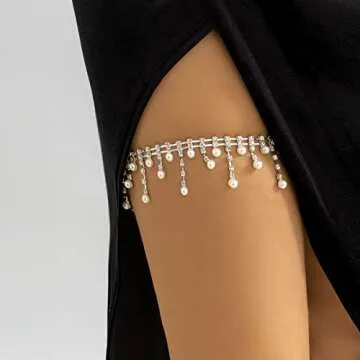 Crystal Pearl Leg Chains Silver Elasticity Rhinestone Imitation Pearl Thigh Leg Chain Sparkly Bling Rave Club Party Body Jewelry Accessories for Womens (pearl-silver)