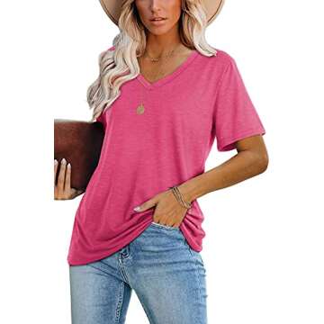 Cute Tops for Women Trendy Casual Short Sleeve Tee Shirts Rose Red L
