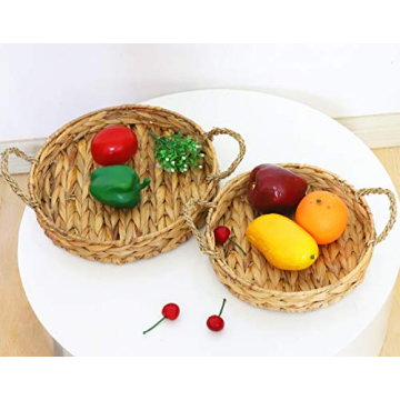 Round Wicker Serving Trays - Set of 2 for Home Decor