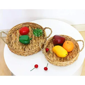Round Wicker Serving Trays - Set of 2 for Home Decor