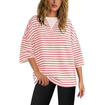 Panadila Womens Striped Short Sleeve Tunic Tops Casual Oversized Sweatshirt