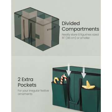 SONGMICS Christmas Figurine Storage Box for 15-Inch Figurines and Nutcrackers, Holiday Decor Organizer with Adjustable Dividers, 8 Slots and 2 Pockets, Dual Zippers, Forest Green URFB041C01