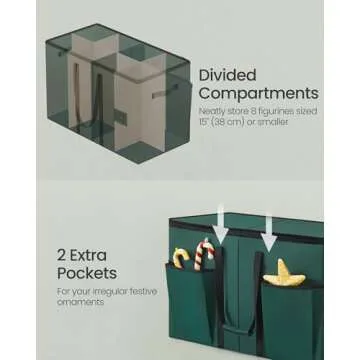 SONGMICS Christmas Figurine Storage Box for 15-Inch Figurines and Nutcrackers, Holiday Decor Organizer with Adjustable Dividers, 8 Slots and 2 Pockets, Dual Zippers, Forest Green URFB041C01