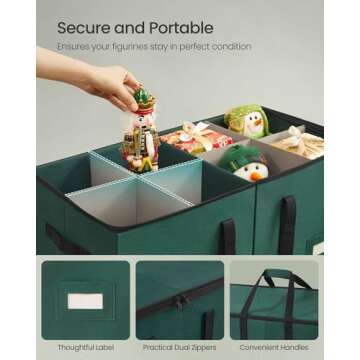 SONGMICS Christmas Figurine Storage Box for 15-Inch Figurines and Nutcrackers, Holiday Decor Organizer with Adjustable Dividers, 8 Slots and 2 Pockets, Dual Zippers, Forest Green URFB041C01