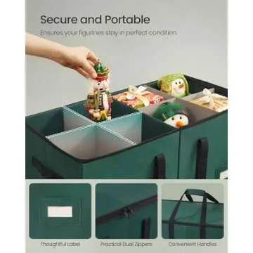 SONGMICS Christmas Figurine Storage Box for 15-Inch Figurines and Nutcrackers, Holiday Decor Organizer with Adjustable Dividers, 8 Slots and 2 Pockets, Dual Zippers, Forest Green URFB041C01