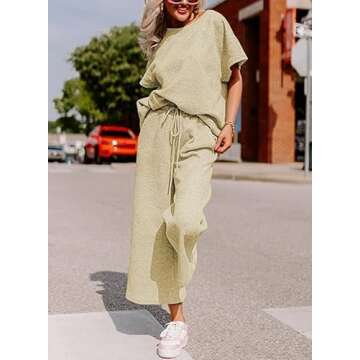 SHEWIN Women's Two 2 Piece Outfits Sweatsuit Lounge Sets for Women Short Sleeve Pullover Tops Casual Loose Pants Comfy Pajamas Tracksuit Set Fall Clothes for Women 2025 Apricot S