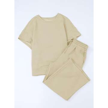 SHEWIN Women's Two 2 Piece Outfits Sweatsuit Lounge Sets for Women Short Sleeve Pullover Tops Casual Loose Pants Comfy Pajamas Tracksuit Set Fall Clothes for Women 2025 Apricot S