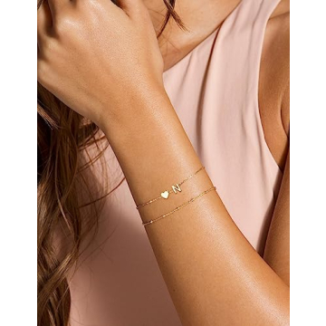DEARMAY 14K Real Gold Bracelets for Women Trendy Dainty Gold Letter Initial Charm Bracelet Jewelry Cute Heart Simple Fashion Chain Bracelets for Women Gift A