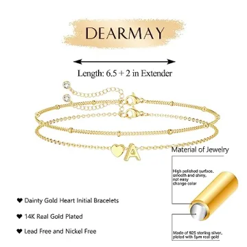 DEARMAY 14K Real Gold Bracelets for Women Trendy Dainty Gold Letter Initial Charm Bracelet Jewelry Cute Heart Simple Fashion Chain Bracelets for Women Gift A