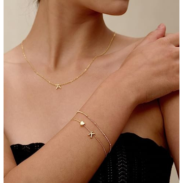 DEARMAY 14K Real Gold Bracelets for Women Trendy Dainty Gold Letter Initial Charm Bracelet Jewelry Cute Heart Simple Fashion Chain Bracelets for Women Gift A