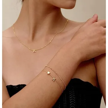 DEARMAY 14K Real Gold Bracelets for Women Trendy Dainty Gold Letter Initial Charm Bracelet Jewelry Cute Heart Simple Fashion Chain Bracelets for Women Gift A