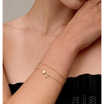 DEARMAY 14K Real Gold Bracelets for Women Trendy Dainty Gold Letter Initial Charm Bracelet Jewelry Cute Heart Simple Fashion Chain Bracelets for Women Gift A