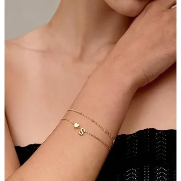 DEARMAY 14K Real Gold Bracelets for Women Trendy Dainty Gold Letter Initial Charm Bracelet Jewelry Cute Heart Simple Fashion Chain Bracelets for Women Gift A