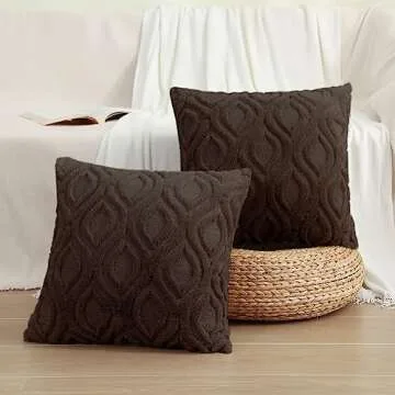 decorUhome Decorative Throw Pillow Covers 16x16, Soft Plush Faux Wool Couch Pillow Covers for Home, Set of 2, Brown
