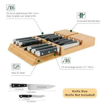 Utoplike in-Drawer Knife Block Bamboo Kitchen Knife Drawer Organizer,Large Handle Steak Knife Holder Without Knives, fit for 12 Knives and 1 Sharpening Steel