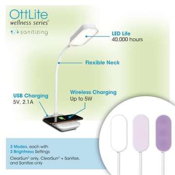 OttLite Achieve LED Sanitizing Desk Lamp Wireless Charging and USB Charging - Touch Activated, Flexi...