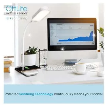 OttLite Achieve LED Sanitizing Desk Lamp Wireless Charging and USB Charging - Touch Activated, Flexible Neck, Modern Light for Reading, Crafting & Office Desktop